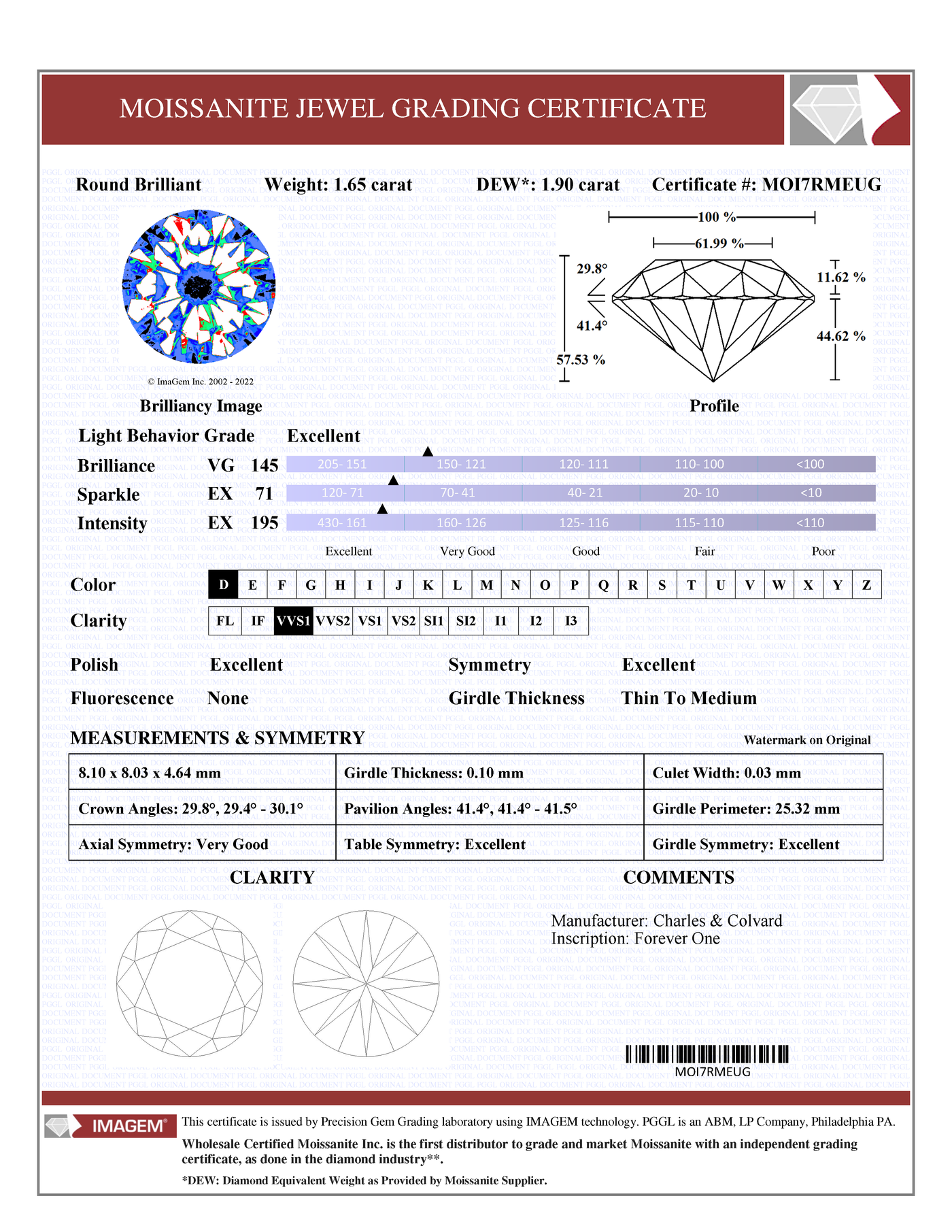 Certified Round Forever One Charles & Colvard Loose Moissanite Stone - 2.00 Carats - D Color - VVS1 Clarity