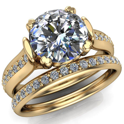 Madelyn Round Moissanite 4 Double Prong Cathedral Prong Set Diamond Sides Ring-Custom-Made Jewelry-Fire & Brilliance ®