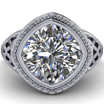 Magda Cushion Moissanite Bezel Halo Engagement Ring-Custom-Made Jewelry-Fire & Brilliance ®