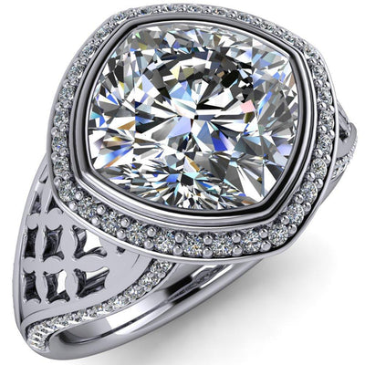 Magda Cushion Moissanite Bezel Halo Engagement Ring-Custom-Made Jewelry-Fire & Brilliance ®