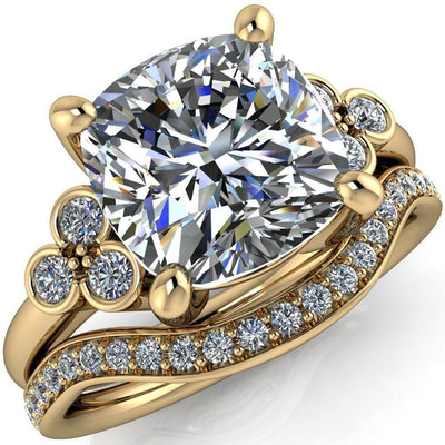 Malene Cushion Moissanite Triple Diamond Side Bezel Engagement Ring-Custom-Made Jewelry-Fire & Brilliance ®