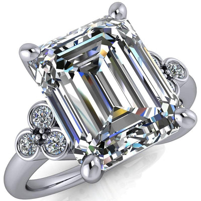 Malene Emerald Moissanite Triple Diamond Side Bezel Engagement Ring-Custom-Made Jewelry-Fire & Brilliance ®