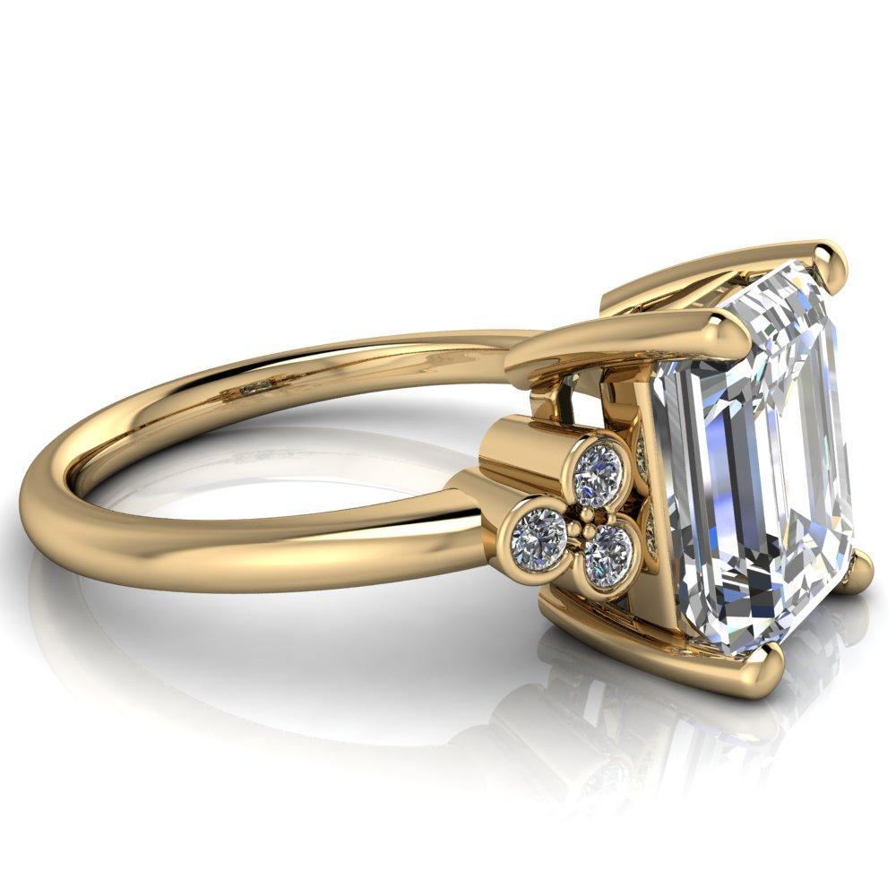 Malene Emerald Moissanite Triple Diamond Side Bezel Engagement Ring-Custom-Made Jewelry-Fire & Brilliance ®