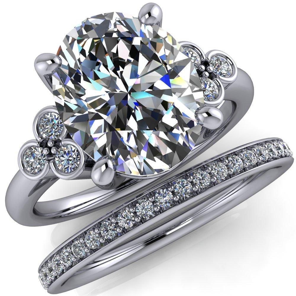 Malene Oval Moissanite Triple Diamond Side Bezel Engagement Ring-Custom-Made Jewelry-Fire & Brilliance ®