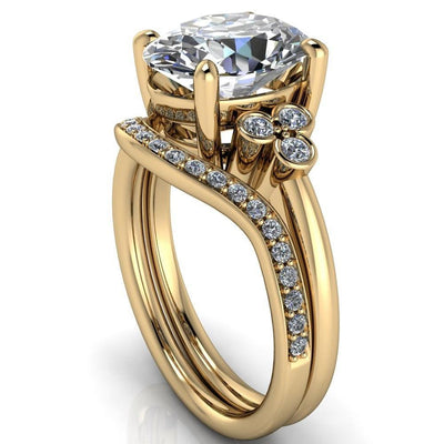 Malene Oval Moissanite Triple Diamond Side Bezel Engagement Ring-Custom-Made Jewelry-Fire & Brilliance ®