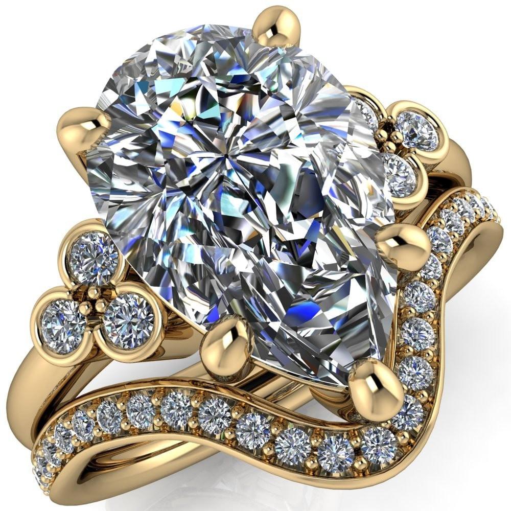 Malene Pear Moissanite Triple Diamond Side Bezel Engagement Ring-Custom-Made Jewelry-Fire & Brilliance ®