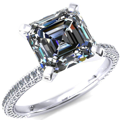 Mariyah Asscher Moissanite 4 Prong 3/4 Eternity 3 Sided Diamond Shank Engagement Ring-Custom-Made Jewelry-Fire & Brilliance ®