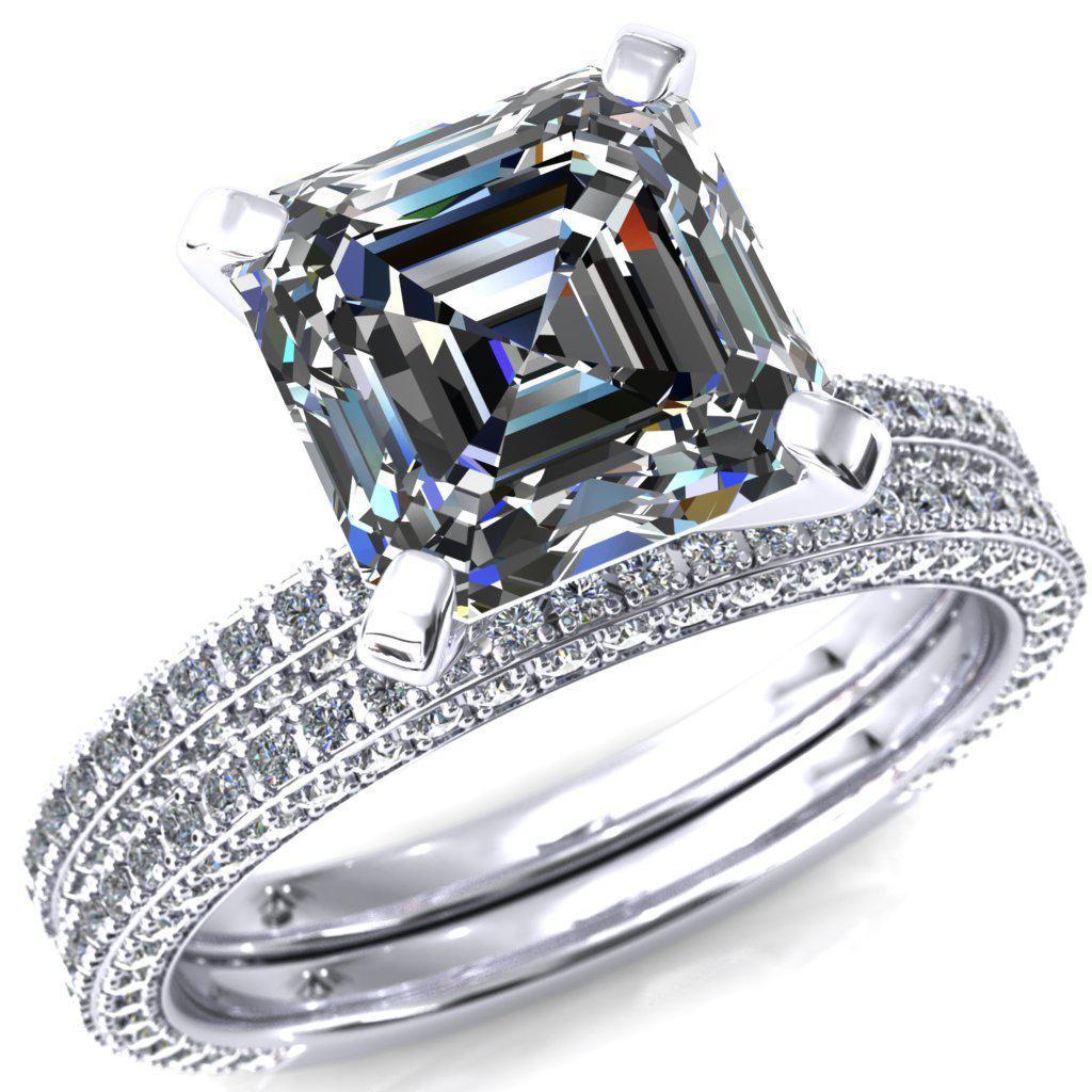 Mariyah Asscher Moissanite 4 Prong 3/4 Eternity 3 Sided Diamond Shank Engagement Ring-Custom-Made Jewelry-Fire & Brilliance ®