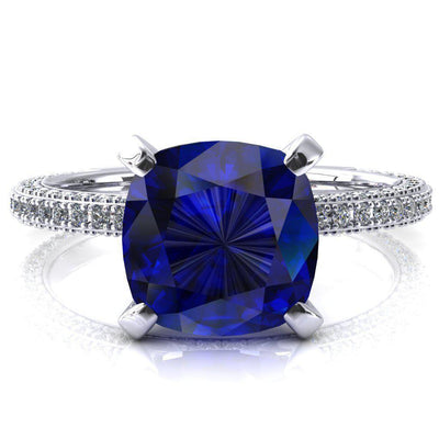 Mariyah Cushion Blue Sapphire 4 Prong 3/4 Eternity 3 Sided Diamond Shank Engagement Ring-FIRE & BRILLIANCE
