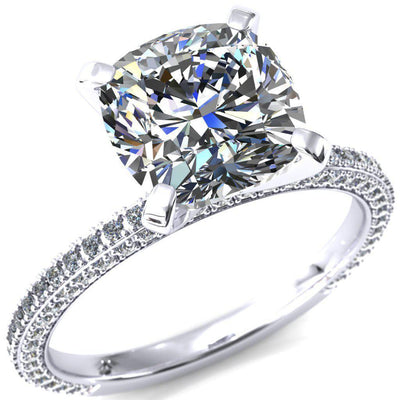 Mariyah Cushion Moissanite 4 Prong 3/4 Eternity 3 Sided Diamond Shank Engagement Ring-Custom-Made Jewelry-Fire & Brilliance ®
