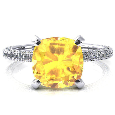 Mariyah Cushion Yellow Sapphire 4 Prong 3/4 Eternity 3 Sided Diamond Shank Engagement Ring-FIRE & BRILLIANCE