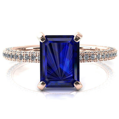 Mariyah Emerald Blue Sapphire 4 Prong 3/4 Eternity 3 Sided Diamond Shank Engagement Ring-FIRE & BRILLIANCE