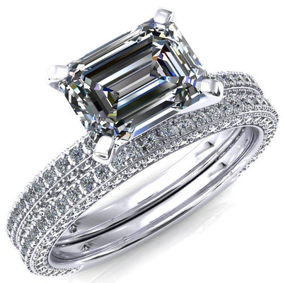 Mariyah Emerald Moissanite East-West 4 Prong 3/4 Eternity 3 Sided Diamond Shank Engagement Ring-FIRE & BRILLIANCE