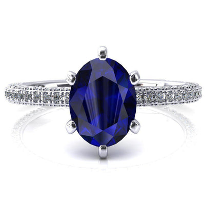 Mariyah Oval Blue Sapphire 6 Prong 3/4 Eternity 3 Sided Diamond Shank Engagement Ring-FIRE & BRILLIANCE