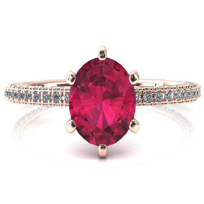 Mariyah Oval Ruby 6 Prong 3/4 Eternity 3 Sided Diamond Shank Engagement Ring-FIRE & BRILLIANCE