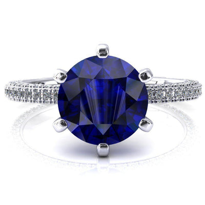 Mariyah Round Blue Sapphire 6 Prong 3/4 Eternity 3 Sided Diamond Shank Engagement Ring-FIRE & BRILLIANCE