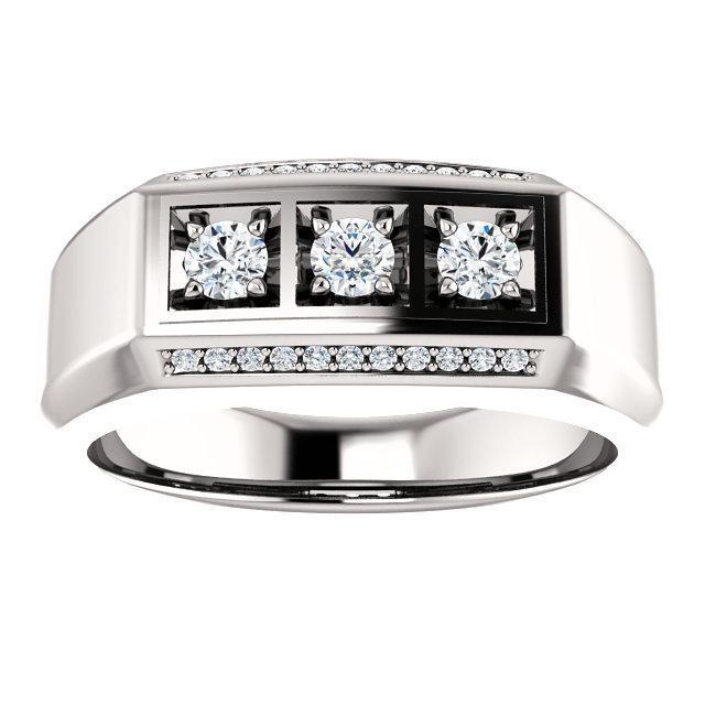 Matthew 3mm Round Men's 3 Stone Signet Diamond Accent Statement Ring-Wedding and Anniversary Bands-Fire & Brilliance ®