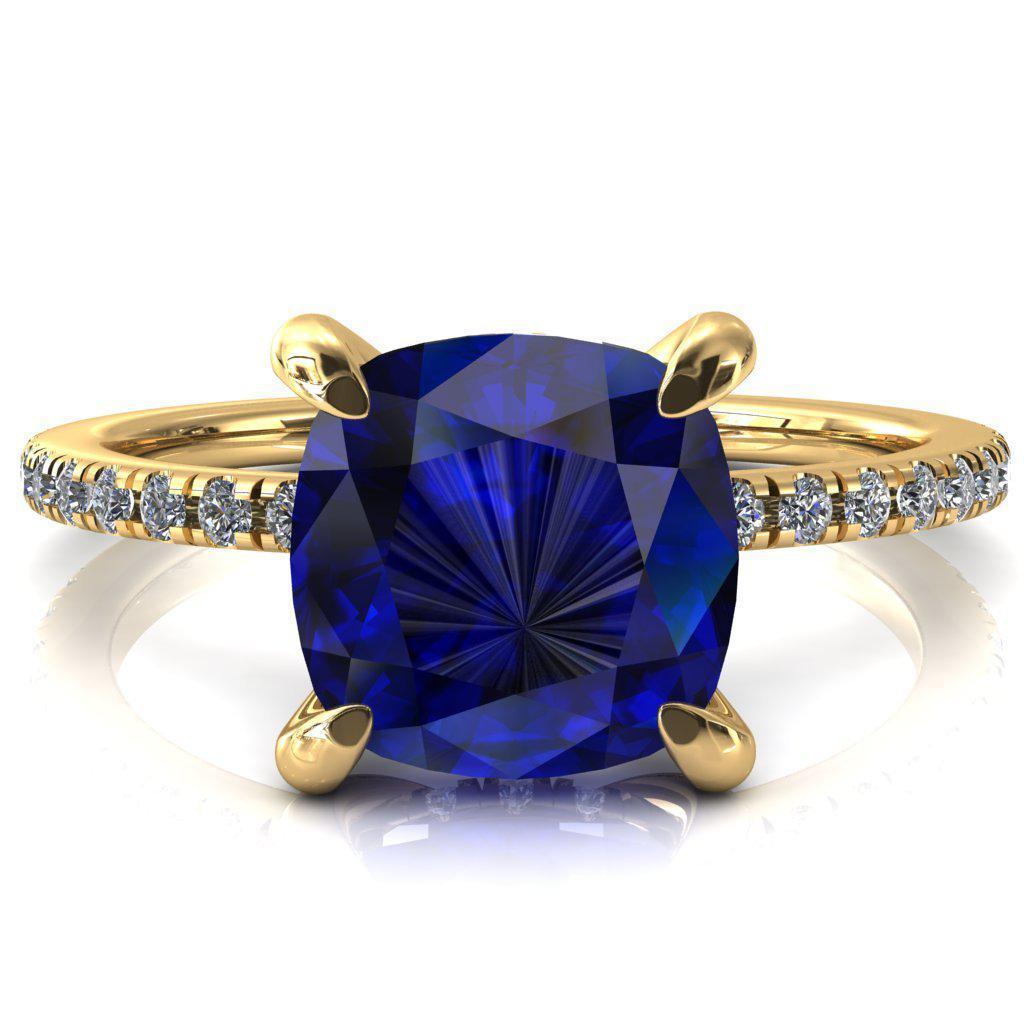 Mayeli Cushion Blue Sapphire 4 Claw Prong Micro Pave Diamond Sides Engagement Ring-FIRE & BRILLIANCE