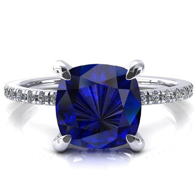 Mayeli Cushion Blue Sapphire 4 Claw Prong Micro Pave Diamond Sides Engagement Ring-FIRE & BRILLIANCE