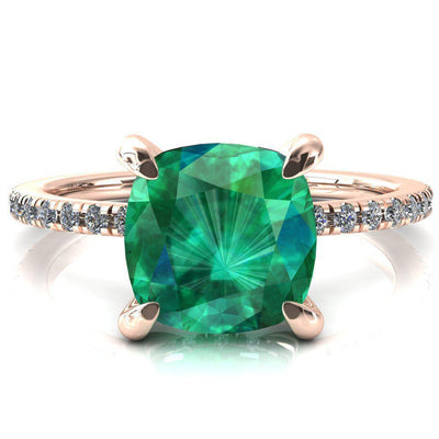 Mayeli Cushion Emerald 4 Claw Prong Micro Pave Diamond Sides Engagement Ring-FIRE & BRILLIANCE