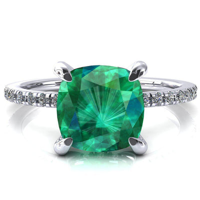 Mayeli Cushion Emerald 4 Claw Prong Micro Pave Diamond Sides Engagement Ring-FIRE & BRILLIANCE