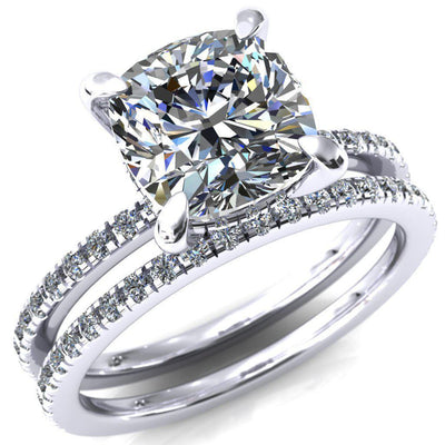Mayeli Cushion Moissanite 4 Claw Prong Micro Pave Diamond Sides Engagement Ring-Custom-Made Jewelry-Fire & Brilliance ®