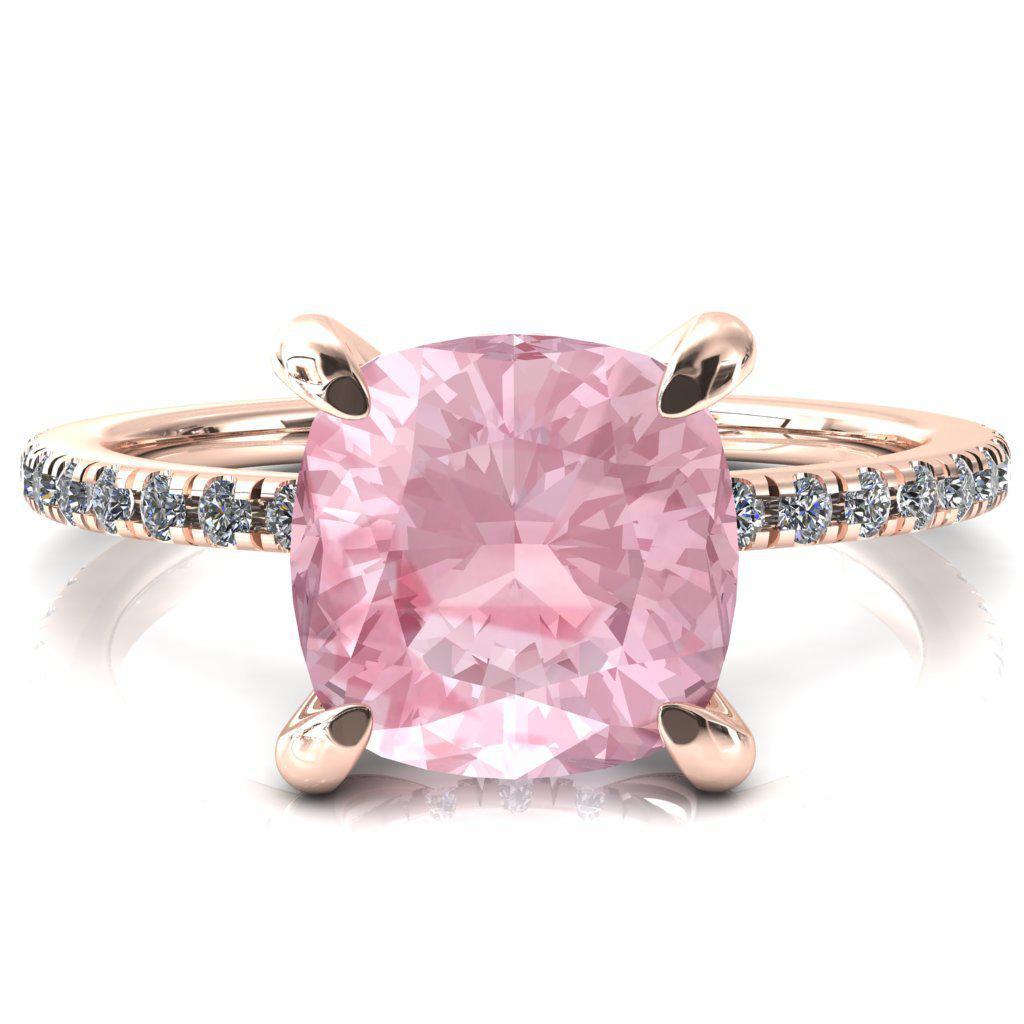 Mayeli Cushion Pink Sapphire 4 Claw Prong Micro Pave Diamond Sides Engagement Ring-FIRE & BRILLIANCE