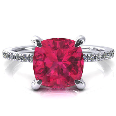 Mayeli Cushion Ruby 4 Claw Prong Micro Pave Diamond Sides Engagement Ring-FIRE & BRILLIANCE