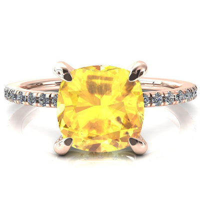 Mayeli Cushion Yellow Sapphire 4 Claw Prong Micro Pave Diamond Sides Engagement Ring-FIRE & BRILLIANCE