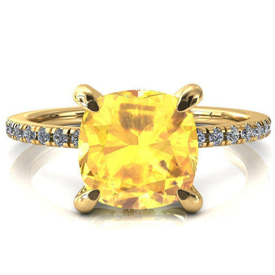 Mayeli Cushion Yellow Sapphire 4 Claw Prong Micro Pave Diamond Sides Engagement Ring-FIRE & BRILLIANCE