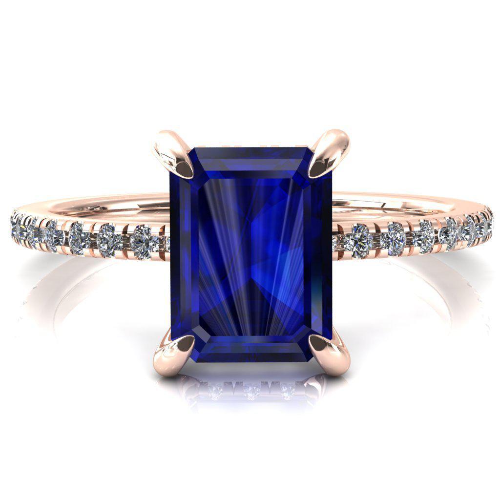 Mayeli Emerald Blue Sapphire 4 Claw Prong Micro Pave Diamond Sides Engagement Ring-FIRE & BRILLIANCE