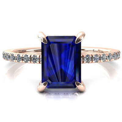 Mayeli Emerald Blue Sapphire 4 Claw Prong Micro Pave Diamond Sides Engagement Ring-FIRE & BRILLIANCE