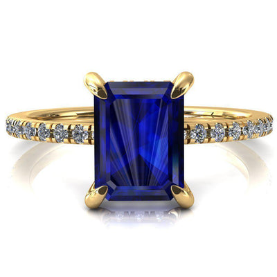Mayeli Emerald Blue Sapphire 4 Claw Prong Micro Pave Diamond Sides Engagement Ring-FIRE & BRILLIANCE