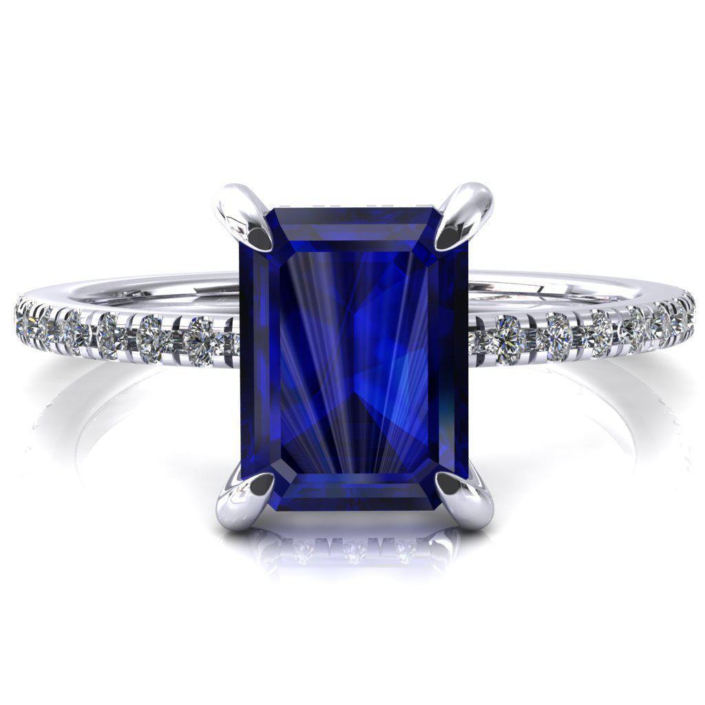 Mayeli Emerald Blue Sapphire 4 Claw Prong Micro Pave Diamond Sides Engagement Ring-FIRE & BRILLIANCE