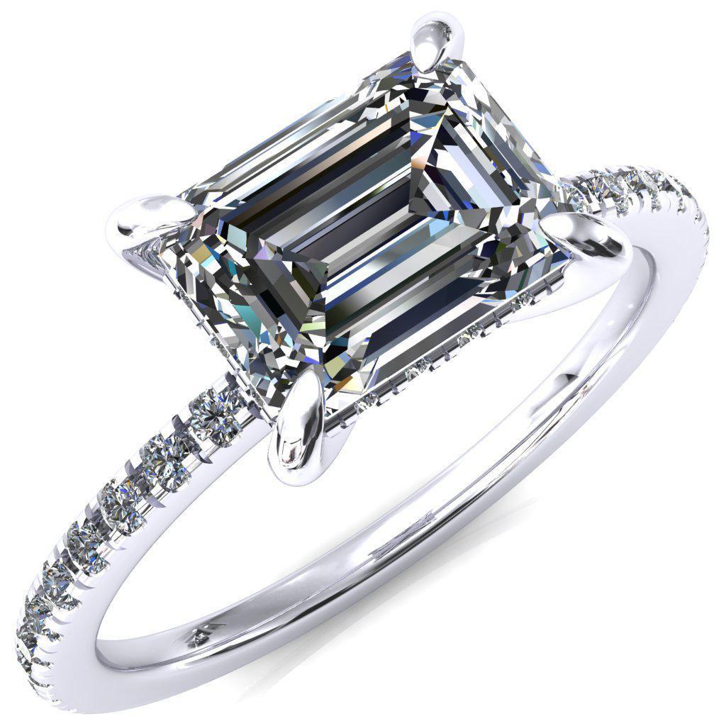 Mayeli Emerald Moissanite East-West 4 Claw Prong Micro Pave Diamond Sides Engagement Ring-FIRE & BRILLIANCE