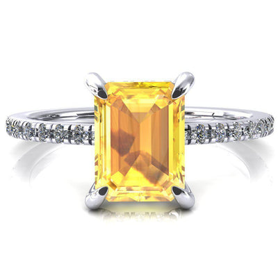 Mayeli Emerald Yellow Sapphire 4 Claw Prong Micro Pave Diamond Sides Engagement Ring-FIRE & BRILLIANCE