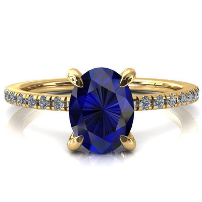 Mayeli Oval Blue Sapphire 4 Claw Prong Micro Pave Diamond Sides Engagement Ring-FIRE & BRILLIANCE