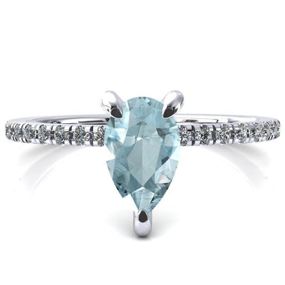 Mayeli Pear Aqua Blue Spinel 3 Claw Prong Micro Pave Diamond Sides Engagement Ring-FIRE & BRILLIANCE