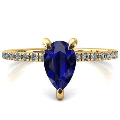 Mayeli Pear Blue Sapphire 3 Claw Prong Micro Pave Diamond Sides Engagement Ring-FIRE & BRILLIANCE