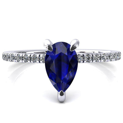 Mayeli Pear Blue Sapphire 3 Claw Prong Micro Pave Diamond Sides Engagement Ring-FIRE & BRILLIANCE