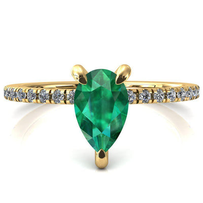 Mayeli Pear Emerald 3 Claw Prong Micro Pave Diamond Sides Engagement Ring-FIRE & BRILLIANCE