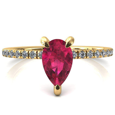 Mayeli Pear Ruby 3 Claw Prong Micro Pave Diamond Sides Engagement Ring-FIRE & BRILLIANCE