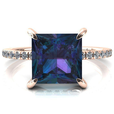 Mayeli Princess Alexandrite 4 Claw Prong Micro Pave Diamond Sides Engagement Ring-FIRE & BRILLIANCE