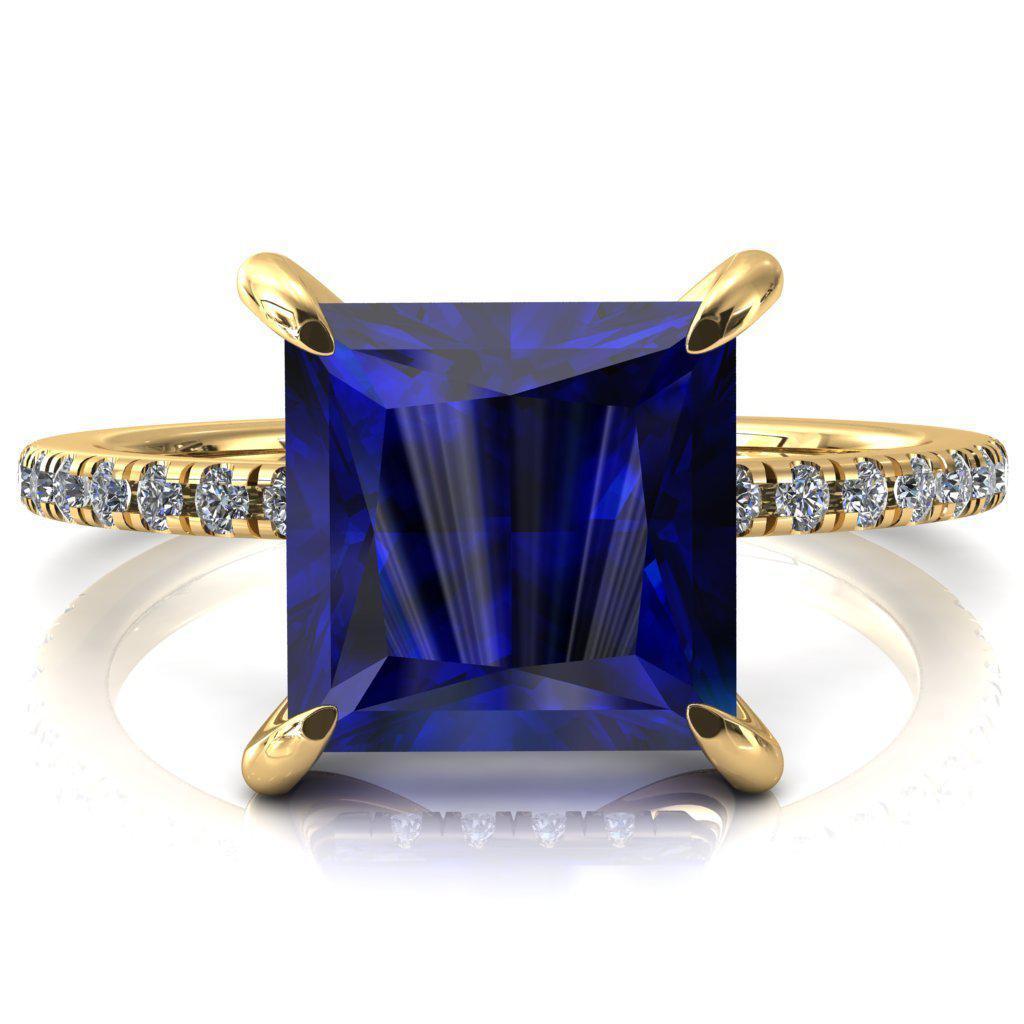 Mayeli Princess Blue Sapphire 4 Claw Prong Micro Pave Diamond Sides Engagement Ring-FIRE & BRILLIANCE