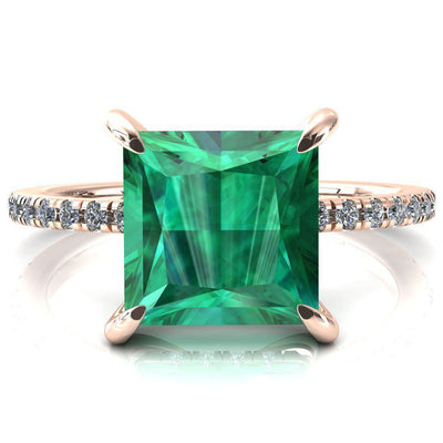Mayeli Princess Emerald 4 Claw Prong Micro Pave Diamond Sides Engagement Ring-FIRE & BRILLIANCE