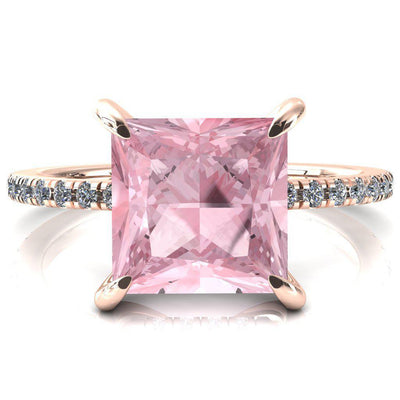 Mayeli Princess Pink Sapphire 4 Claw Prong Micro Pave Diamond Sides Engagement Ring-FIRE & BRILLIANCE