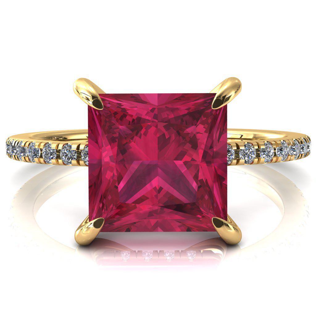 Mayeli Princess Ruby 4 Claw Prong Micro Pave Diamond Sides Engagement Ring-FIRE & BRILLIANCE