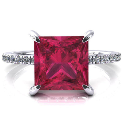 Mayeli Princess Ruby 4 Claw Prong Micro Pave Diamond Sides Engagement Ring-FIRE & BRILLIANCE