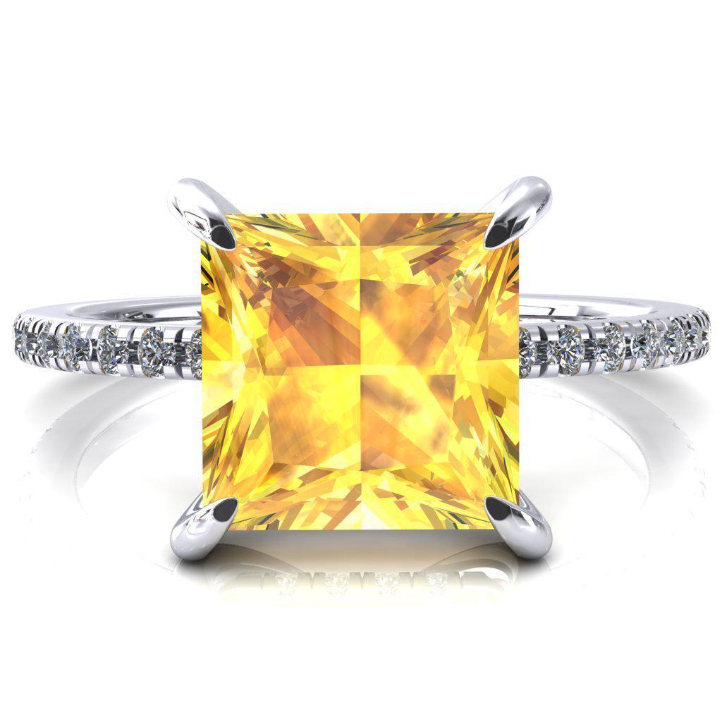Mayeli Princess Yellow Sapphire 4 Claw Prong Micro Pave Diamond Sides Engagement Ring-FIRE & BRILLIANCE