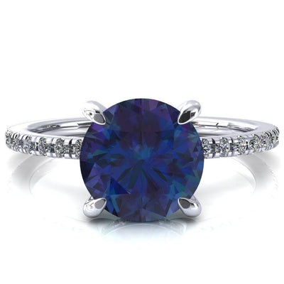 Mayeli Round Alexandrite 4 Claw Prong Micro Pave Diamond Sides Engagement Ring-FIRE & BRILLIANCE